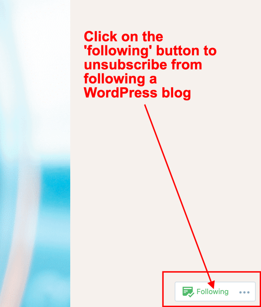 Screenshot highlighting the Following button when reading a WordPress blog