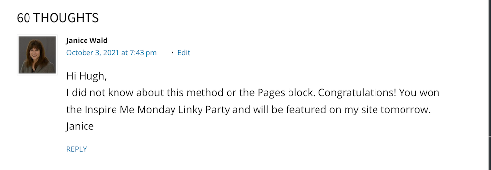Image showing a comment informing me that the post I left a link for at a link-up party has won and will be featured. 