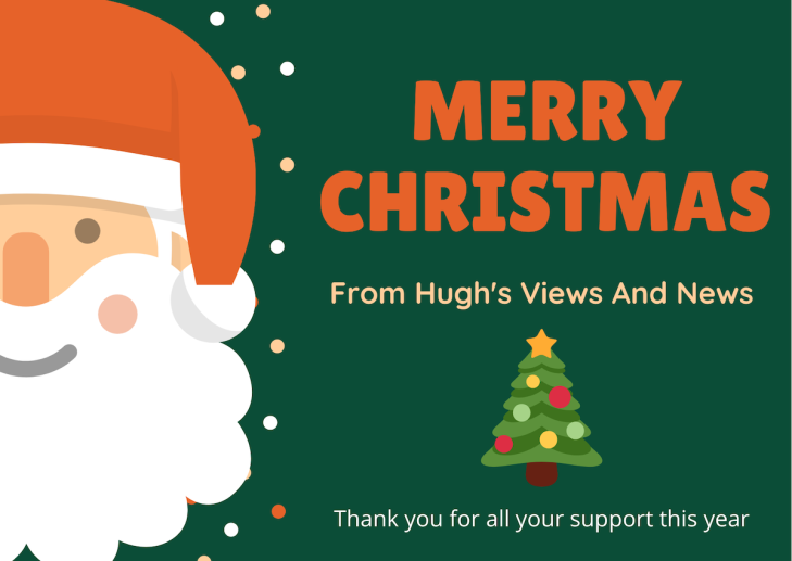 A Christmas card showing the face of Santa, a Christmas tree and a Christmas message from Hugh