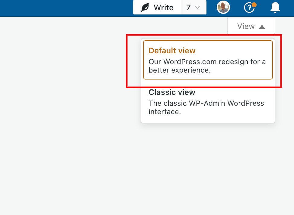 Image highlighting 'Default view' mode in the dashboard of a WordPress blog.