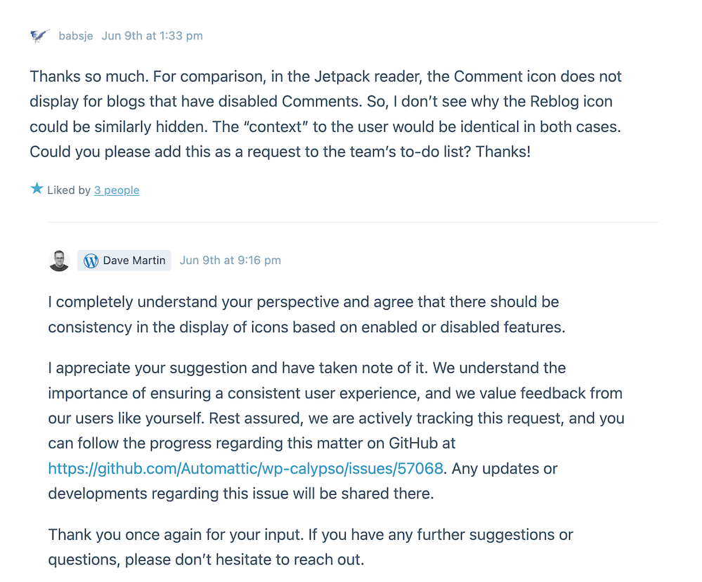 Image showing comments between a user and WordPress regarding the reblogging flaw where posts can still be reblogged when the reblog function has been turned off.