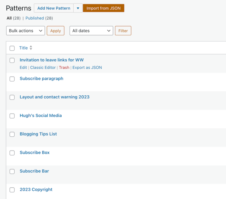 Image showing a list of reusable blocks (now Patterns) on WordPress