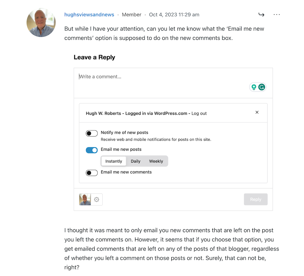 Image showing discussion on WordPress forum regarding email notifications about comments