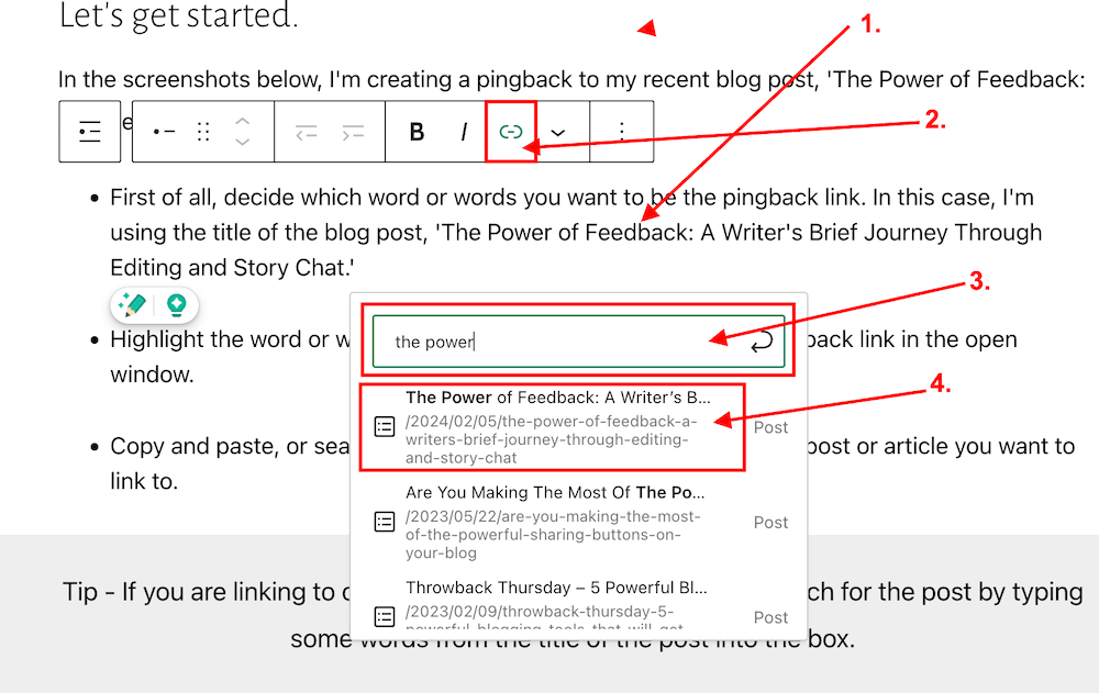 Image highlighting keypoints in creating a pingback on a blog post