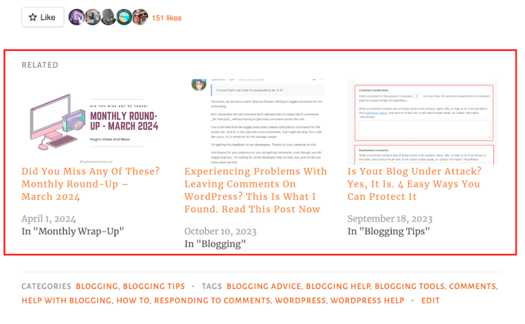 Image highlighting 'related' blog posts at the end of a blog post.